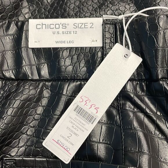 NEW Chicos Baggy Cropped Wide Leg Pants Embossed Faux Leather Sz 12 Black Womens - Picture 4 of 7